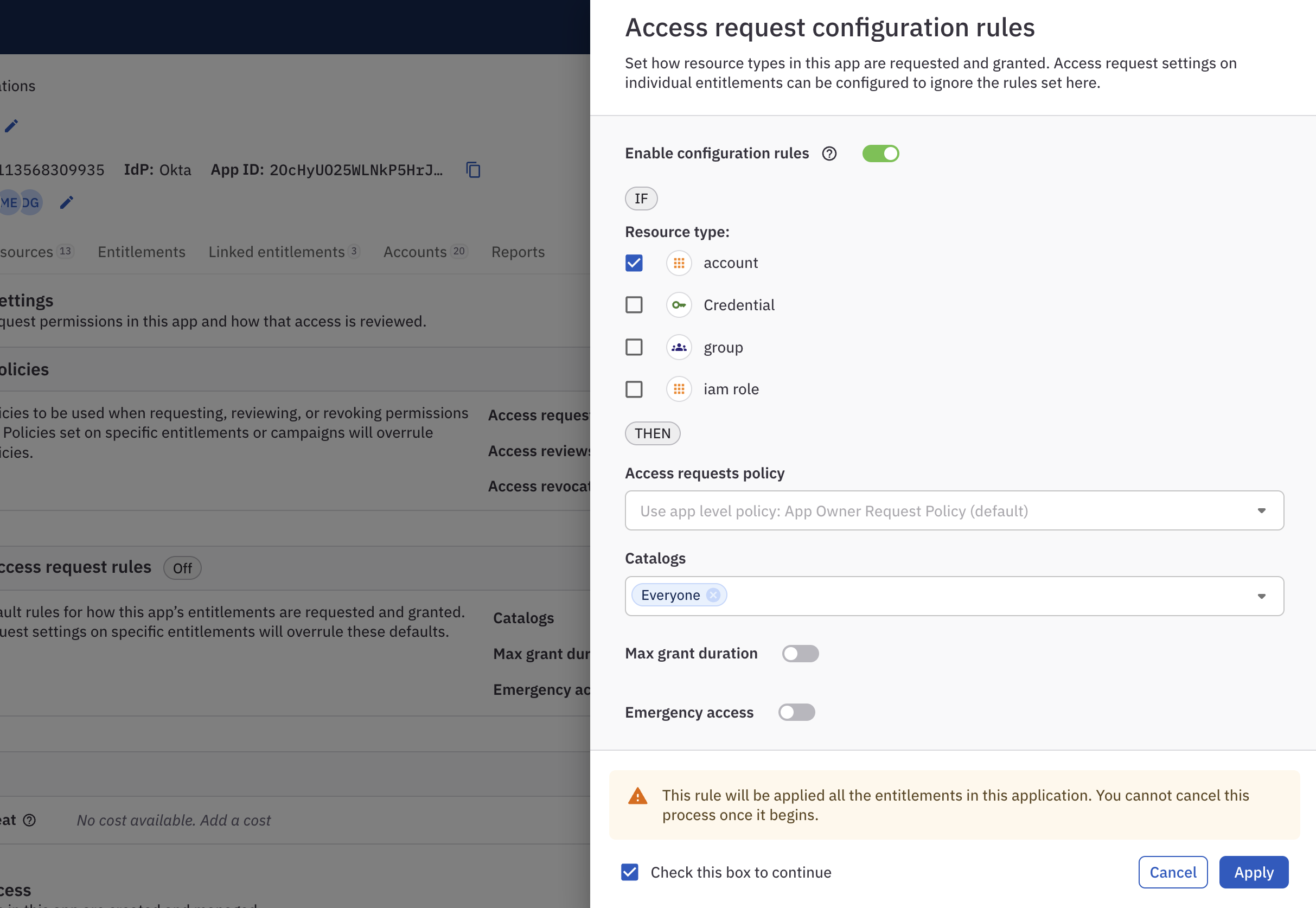 The access request configuration rules panel in ConductorOne showing the form filled out as described in the instructions above.