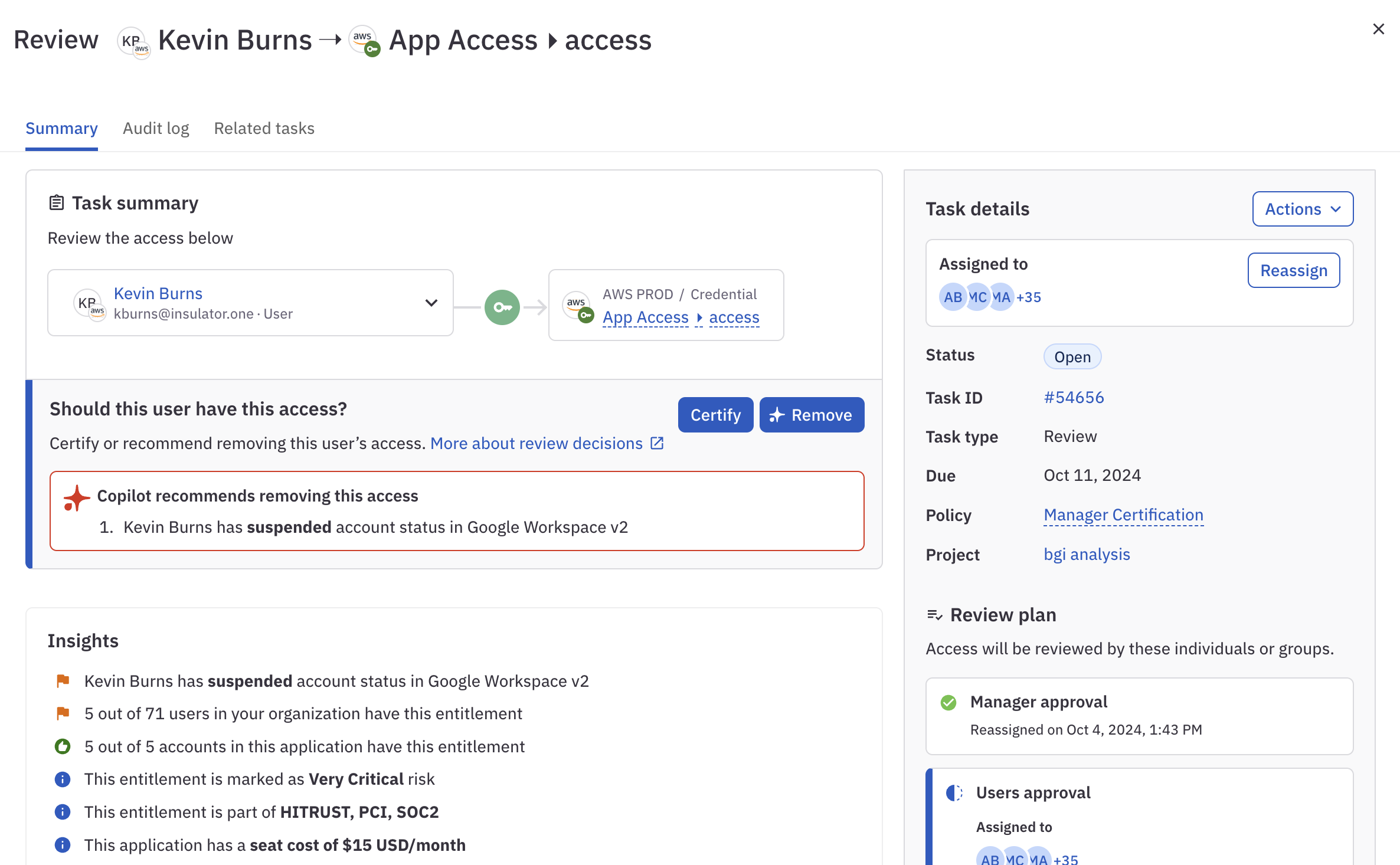 A review task's details screen showing a Copilot flag on an insight and a recommendation to remove the access.