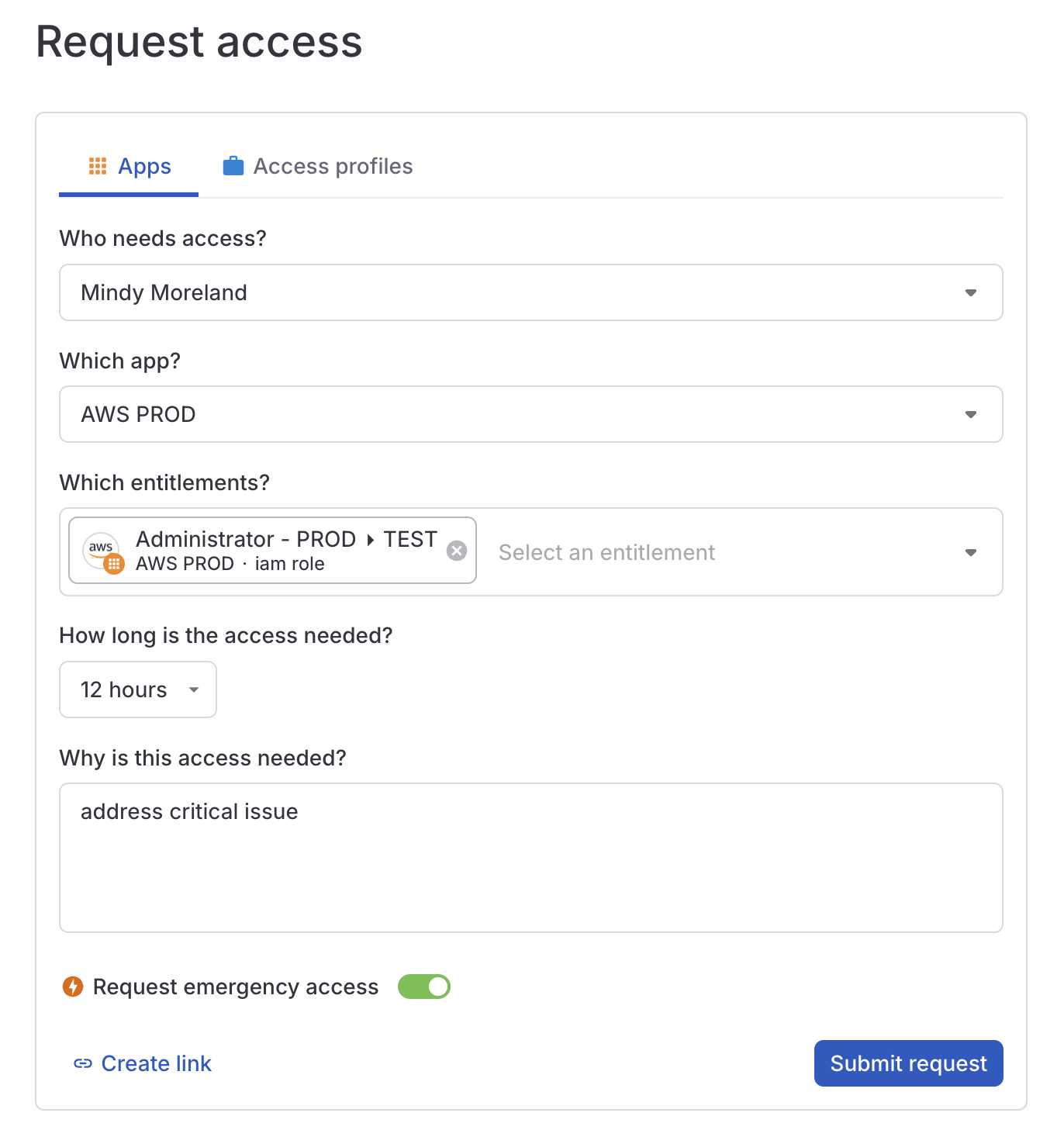 A completed request access form in ConductorOne for 1 hour of access to an AWS admin role, showing the emergency access toggle present and enabled.