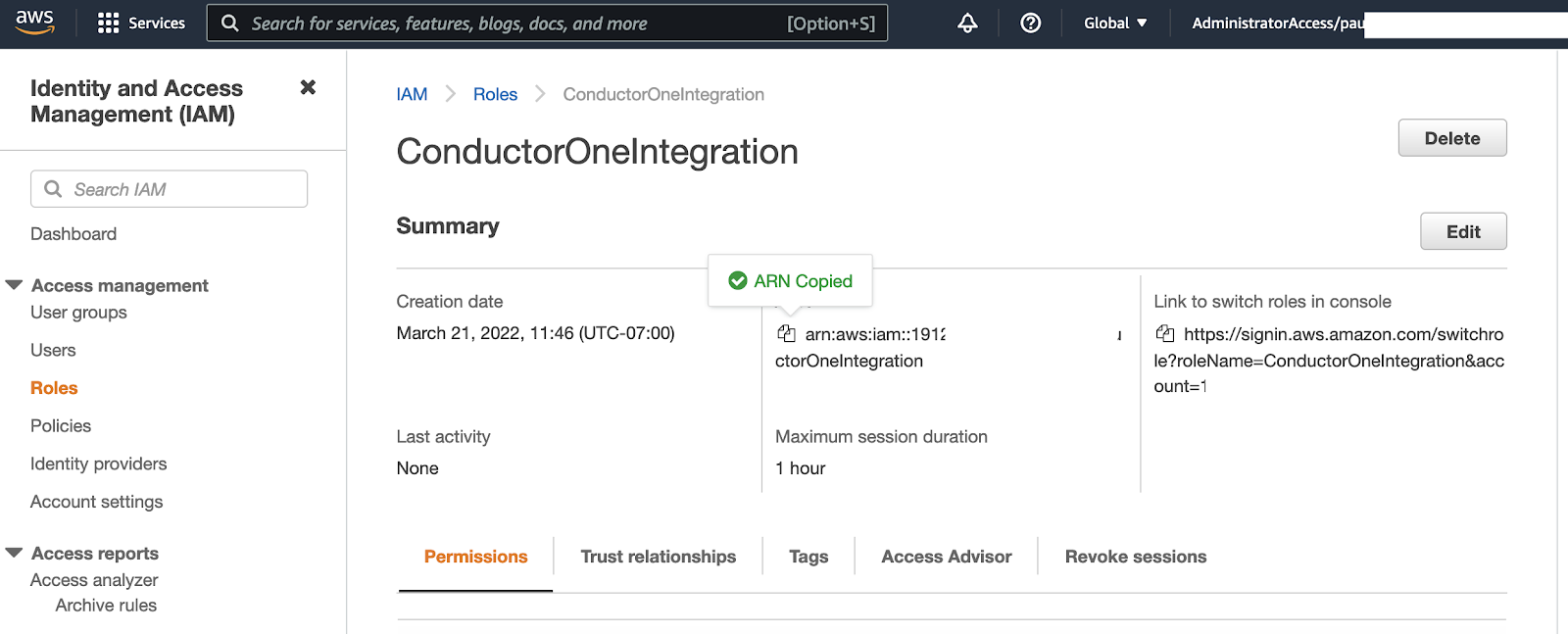 Detail view of the ConductorOneIntegration role, with the Role ARN copy function shown displaying ARN Copied.