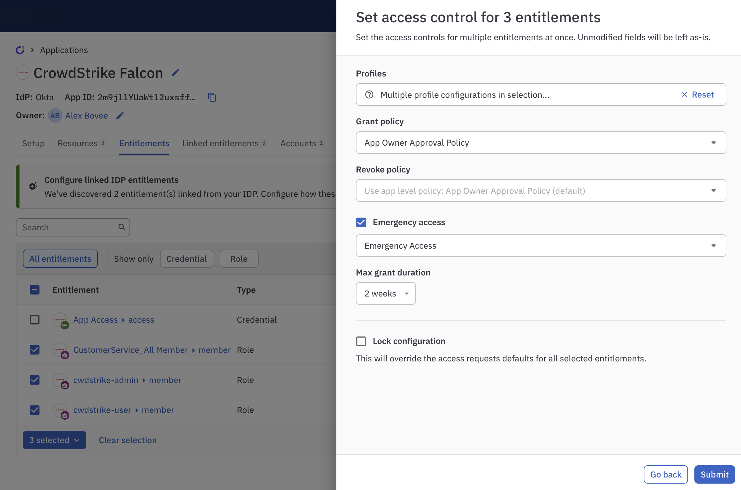 Screenshot showing a bulk change of access controls on three entitlements.