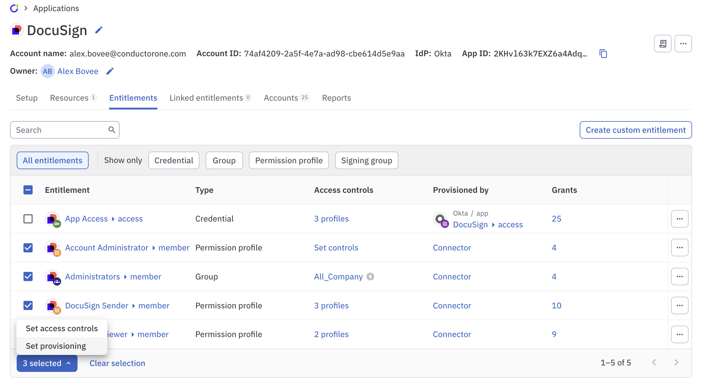 Screenshot showing a bulk change of provisioning settings on three entitlements.