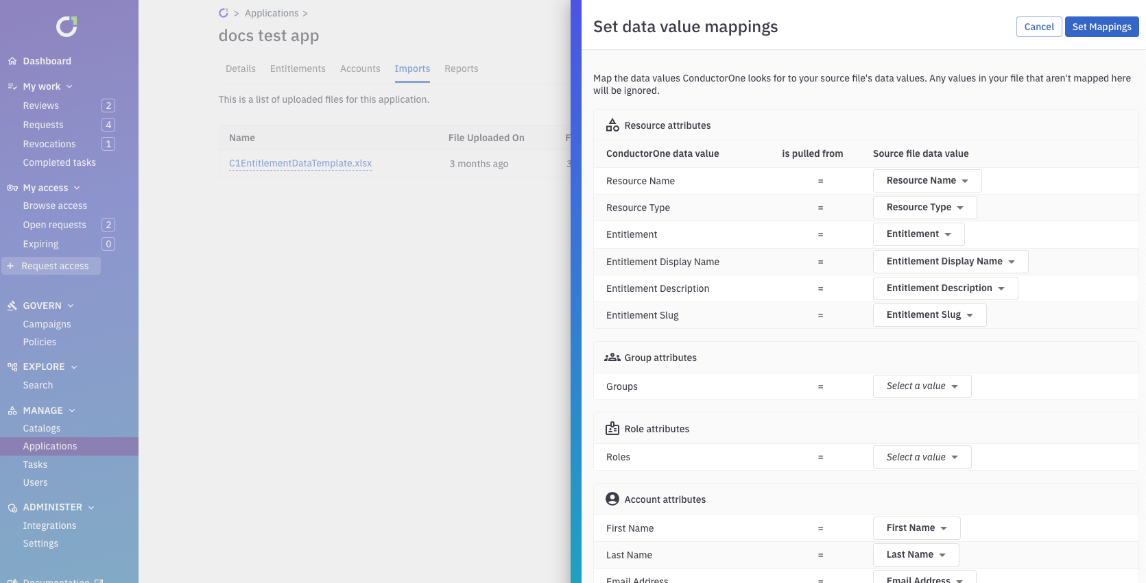 The data mappings drawer open with mapping data entered.