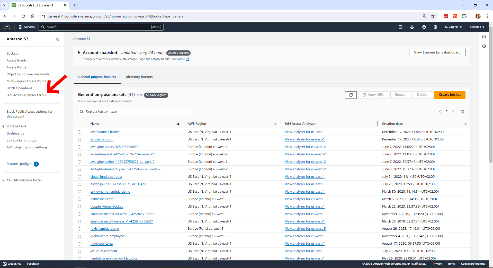 Selecting IAM Access Analyzer for S3 menu option