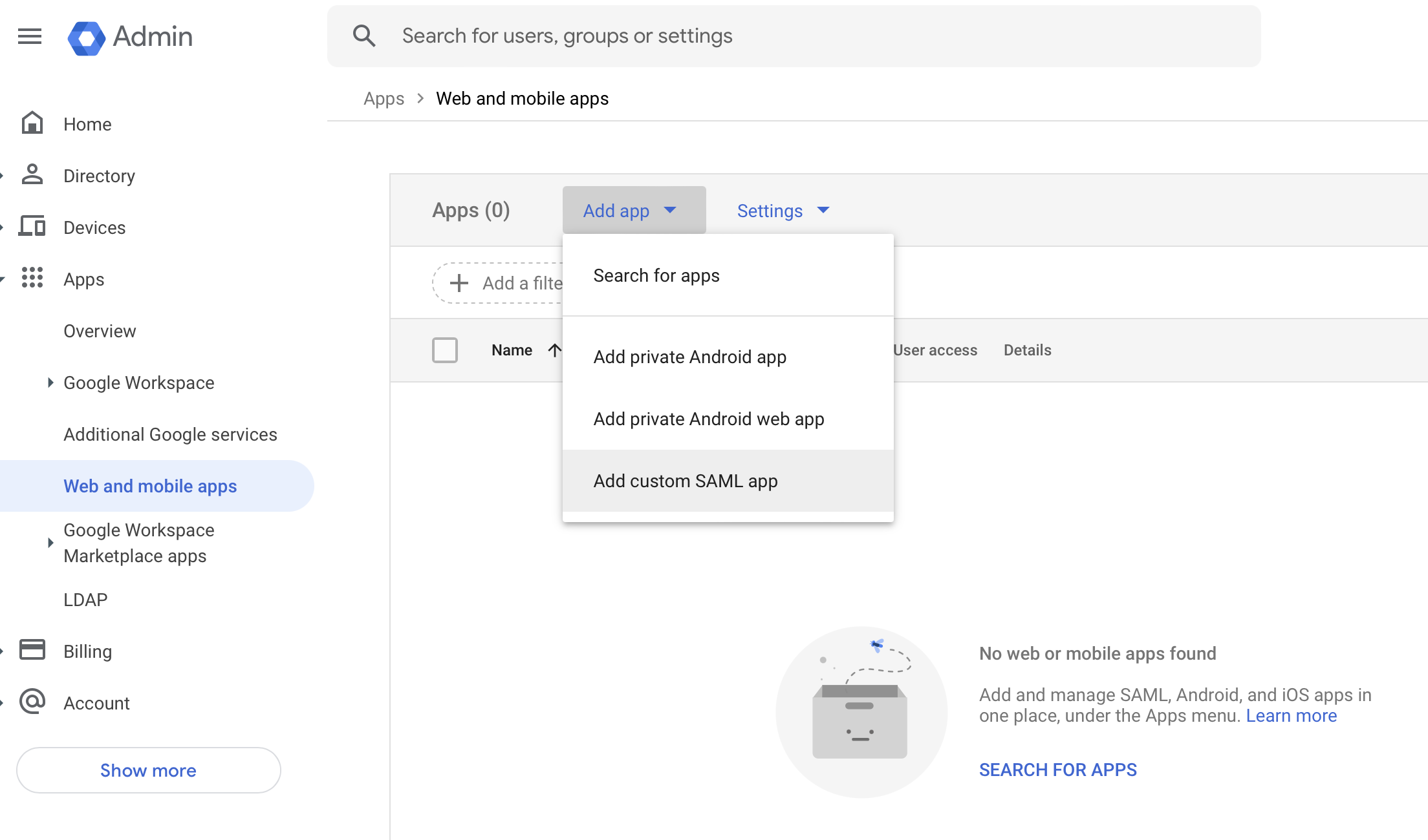 Creating custom SAML app