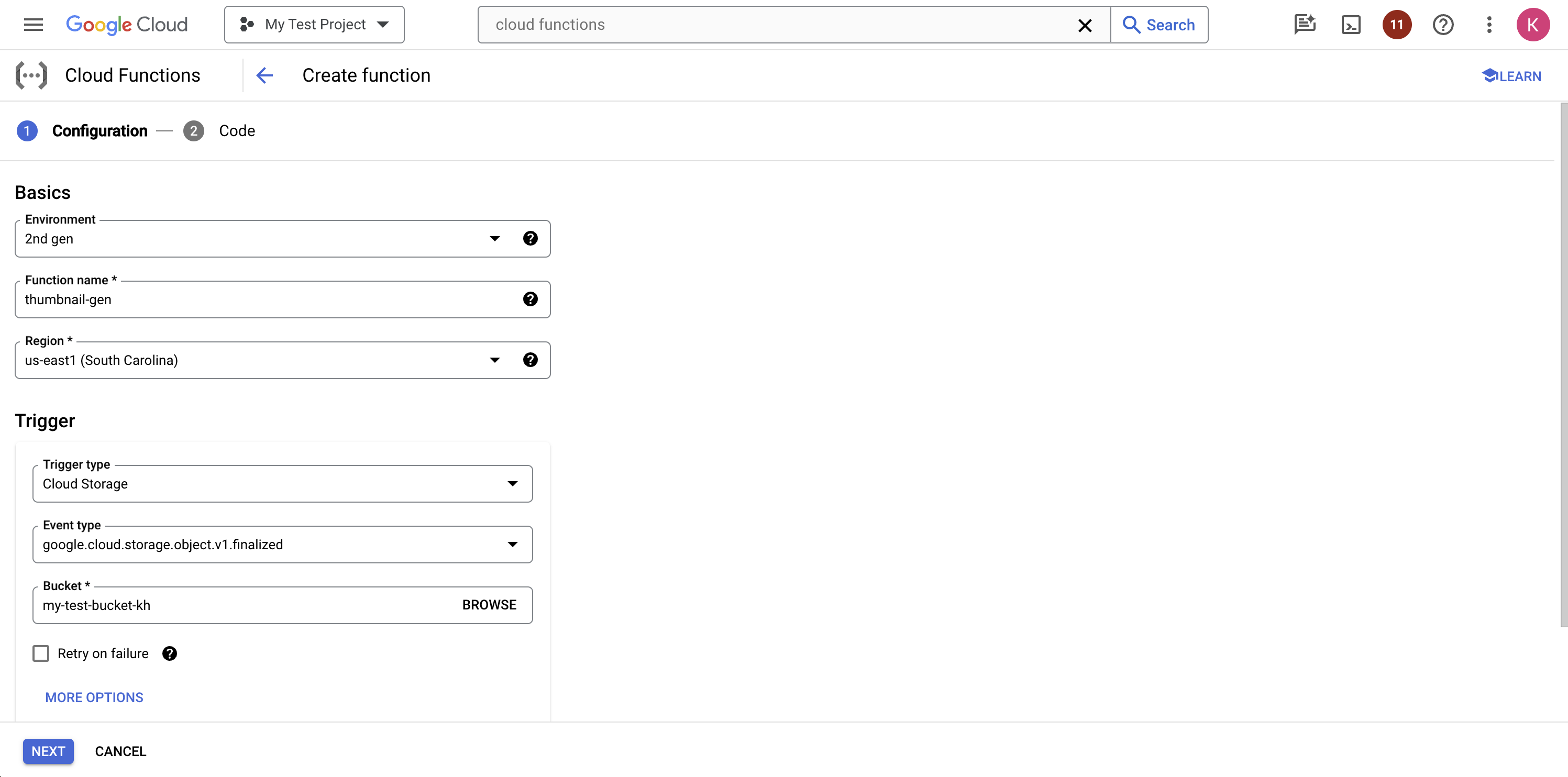 Configuration step in creating a new function