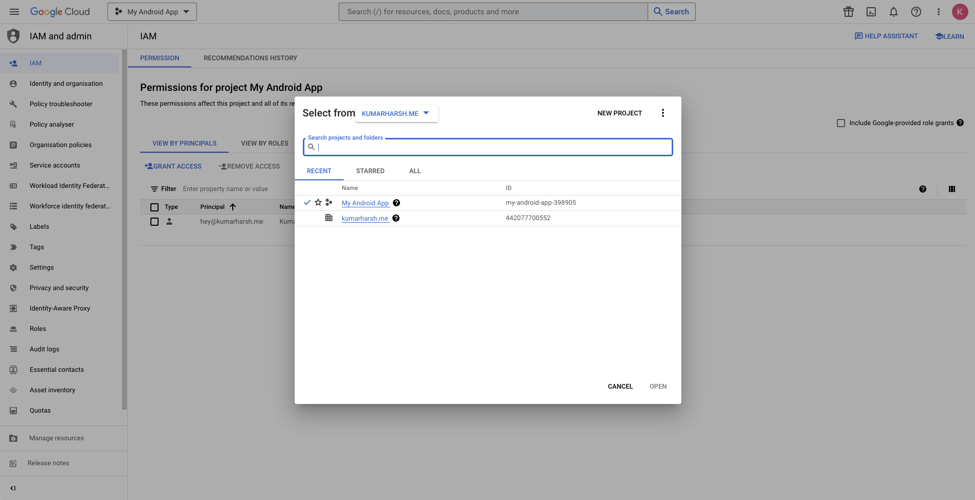 Select project dialog